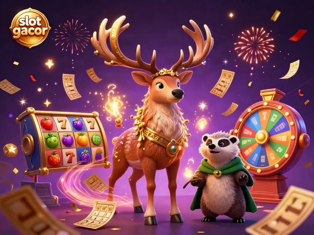 Engaging slot gacor illustration featuring a Celtic druid stag and badger amidst dynamic casino elements.
