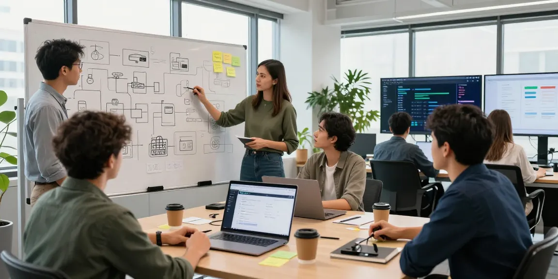 MVP development service teamwork in a modern startup workspace, showcasing collaborative brainstorming and planning.