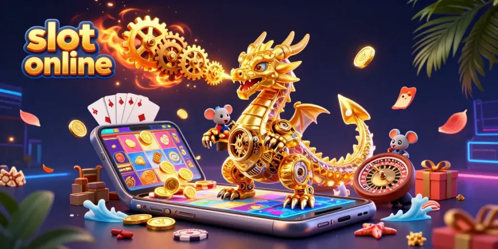 Engage with slot online gaming fun featuring a golden dragon and dynamic casino elements.