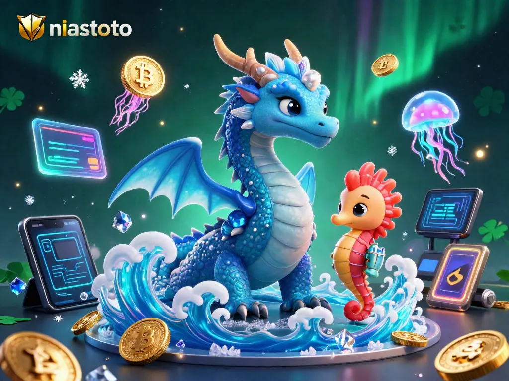 Experience the excitement at niastoto with a vibrant scene of a dragon and knight amidst glowing crypto symbols.