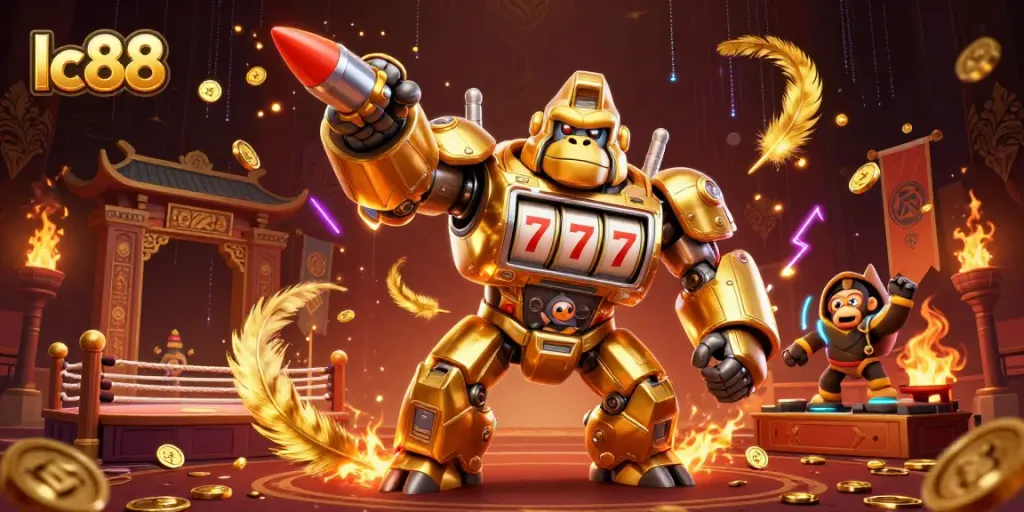 Experience thrilling action as lc88 reveals a dynamic 3D casino scene with a golden gorilla mech.