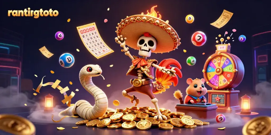 Rantingtoto menampilkan karakter skeleton mariachi, ular mummy, dan hamster DJ di ilustrasi kasino yang megah.