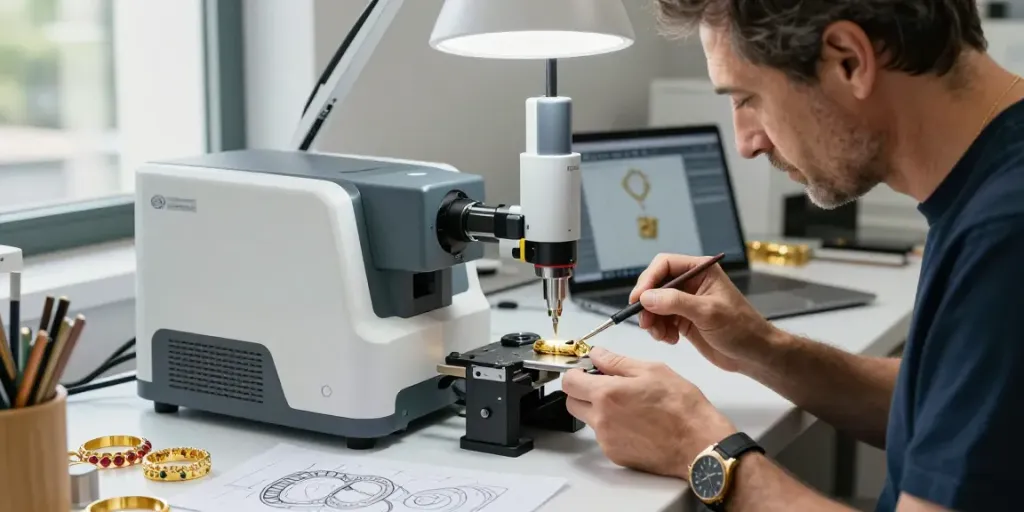 Emas88 dalam studio desain perhiasan modern, penjual sedang menggunakan teknologi laser untuk membuat perhiasan emas berkualitas.