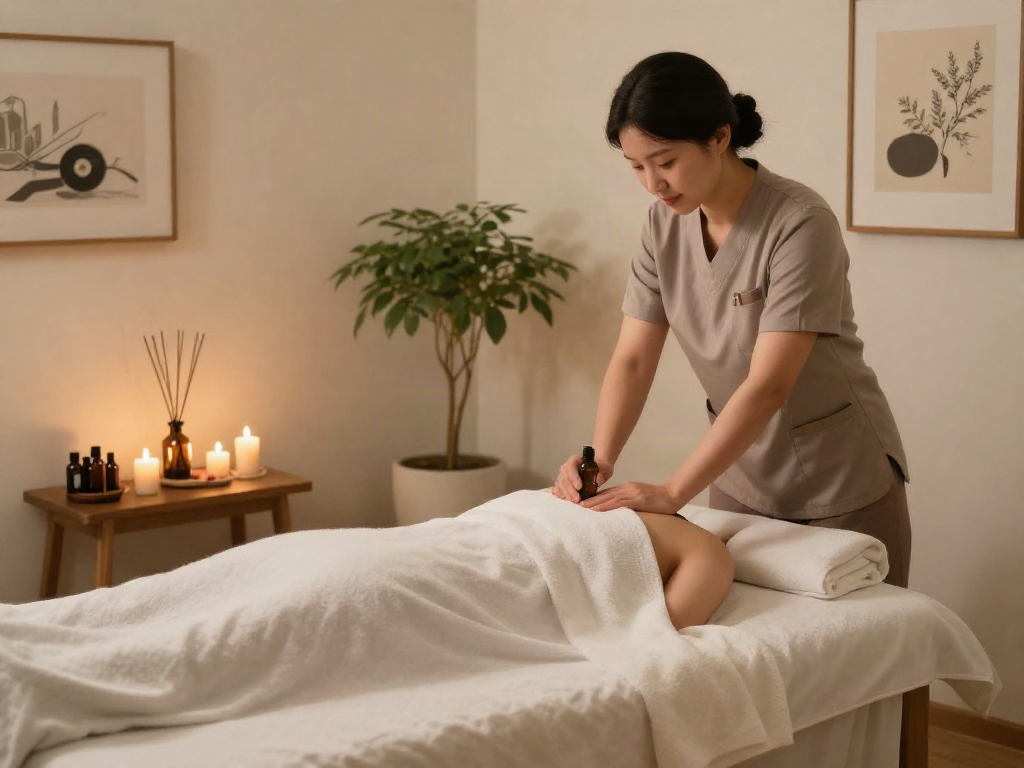 강동구출장안마 massage therapy scene with essential oils and tranquil ambiance.