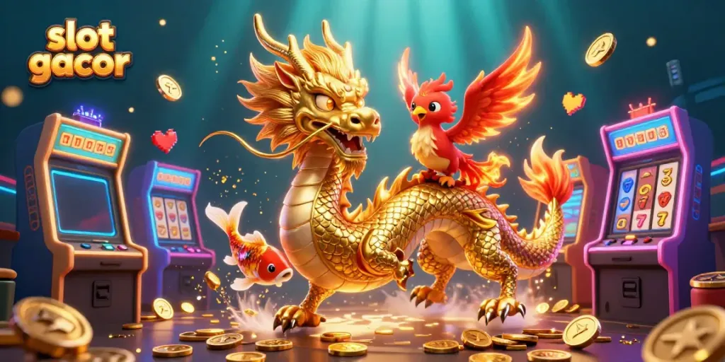 Experience thrilling wins with slot gacor as a golden dragon coils among jackpot reels and coins