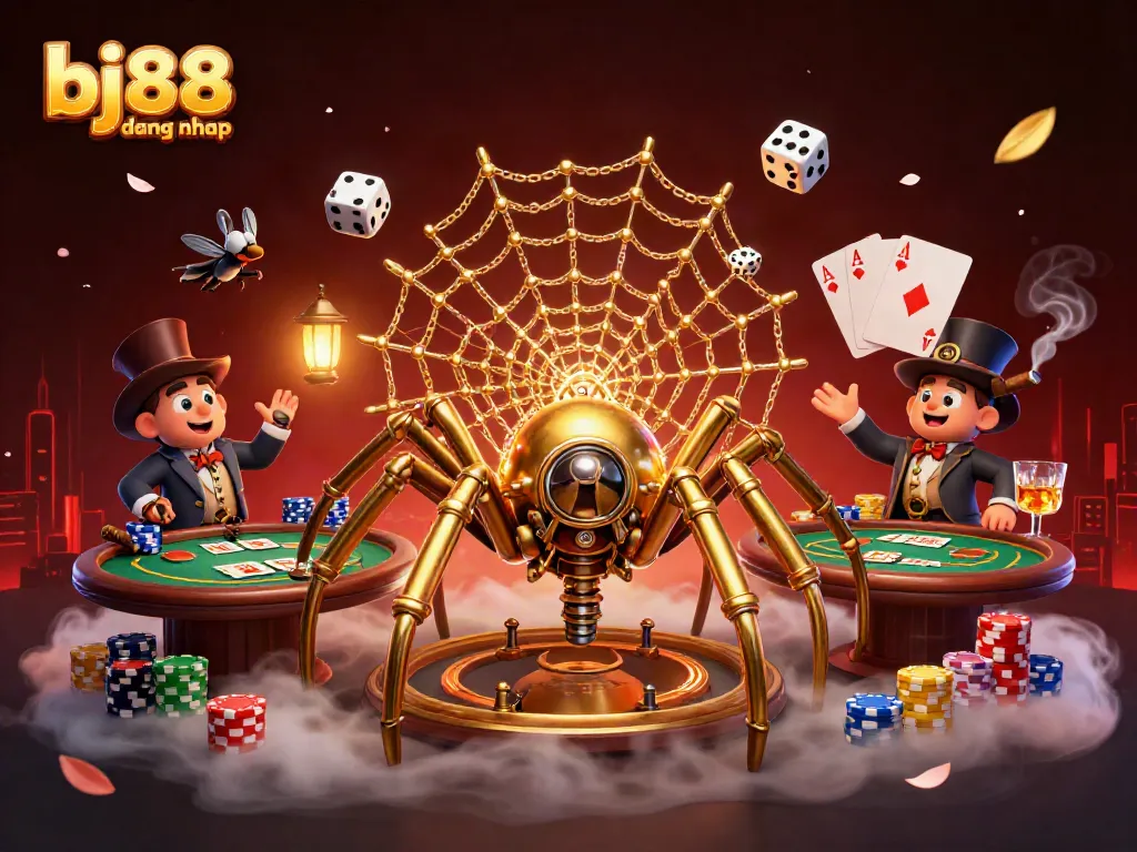 Engage with the exciting scene of "bj88 dang nhap," showcasing a whimsical steampunk spider and poker elements.