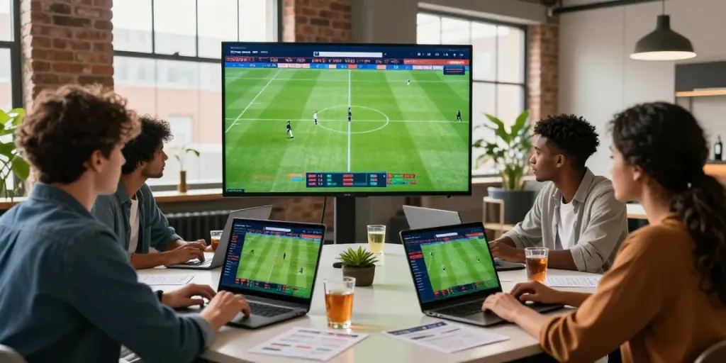 Engaged group discussing Taruhan Bola DewaGG strategies at a modern betting platform with lively football match background.