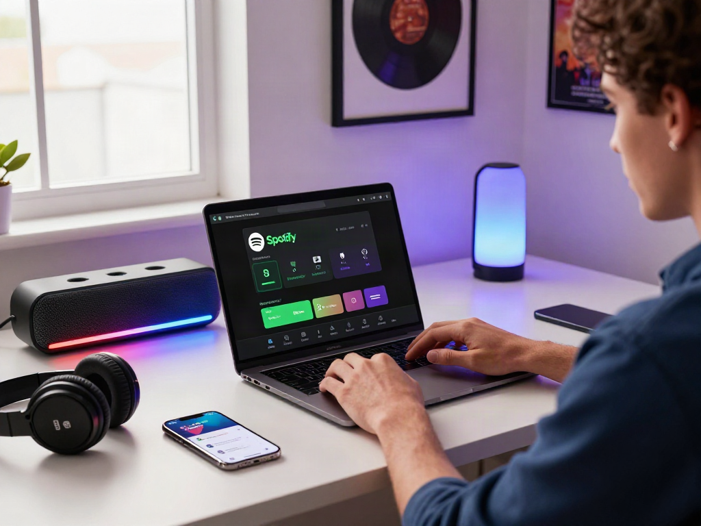 Explore Spotify mod features in a stylish digital workspace with music elements.