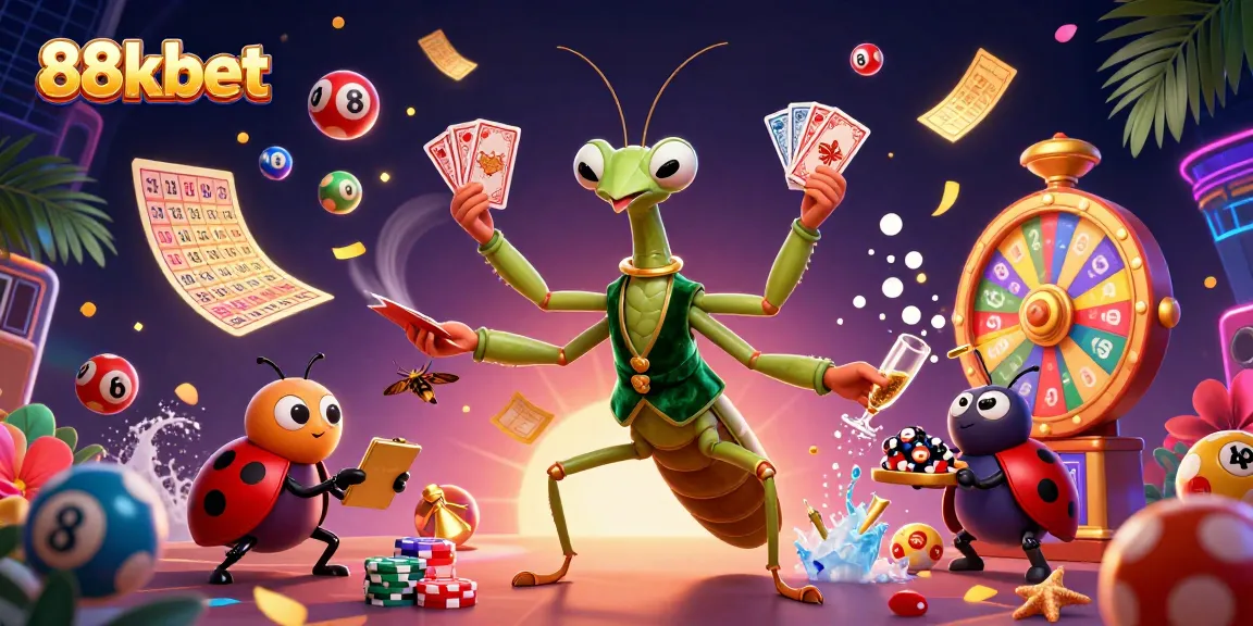 Experience the thrill of 88kbet with a captivating 3D illustration of a giant mantis card sharp and ladybug pit boss.