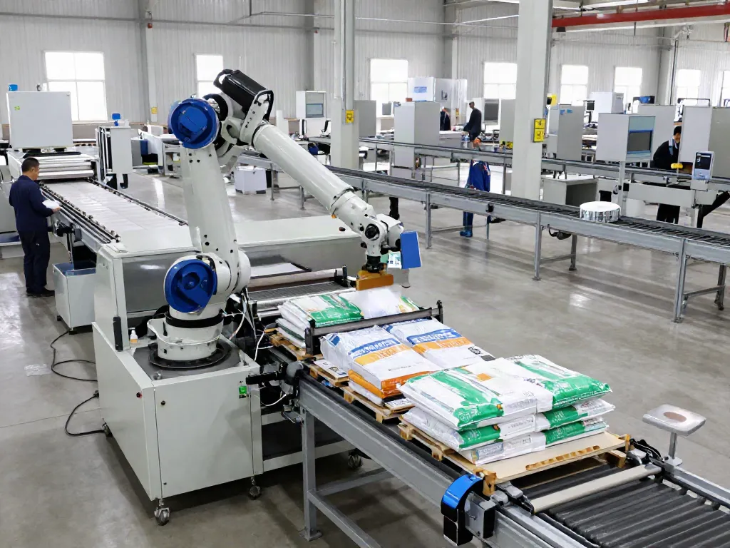 Efficient automatic bag palletizer machine in action, showcasing advanced technology and productivity in a manufacturing setting.