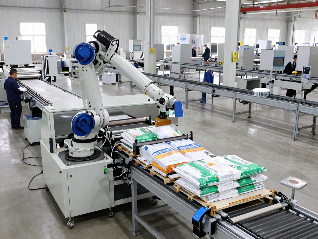 Efficient automatic bag palletizer machine in action, showcasing advanced technology and productivity in a manufacturing setting.