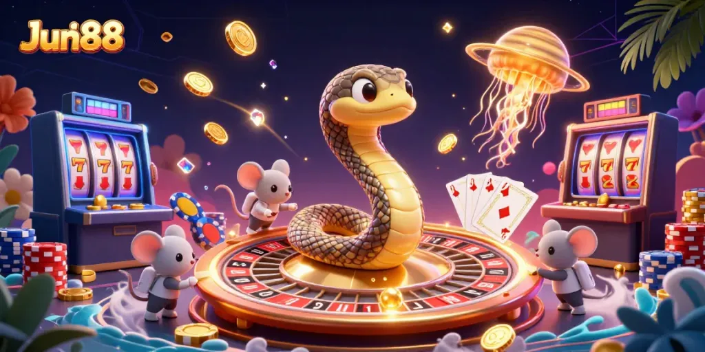 Engage in thrilling bets at Jun88 with cartoon snake as the cosmic dealer in a vibrant casino scene.