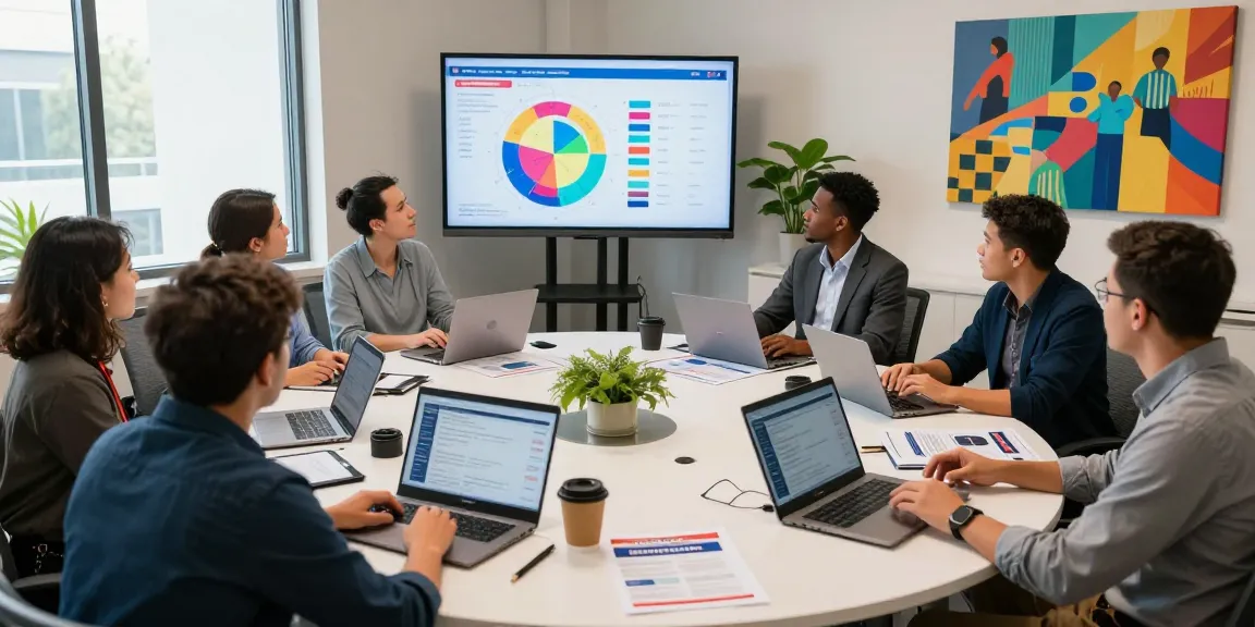 Team strategizing for candidate reputation management with voter data in modern conference room.