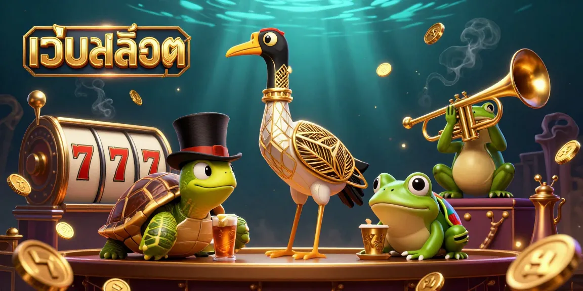 Play เว็บสล็อต with dynamic slot reels and lively characters in a vibrant 3D casino scene.