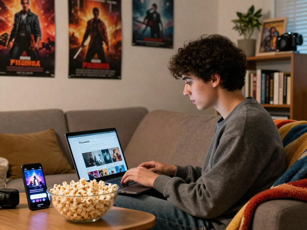 Cozy home scene with a viewer enjoying Filmyzilla on a laptop, surrounded by movie memorabilia.