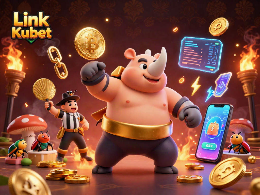 Play Link Kubet with a vibrant arcade scene of a sumo beetle champion amid dynamic crypto elements.