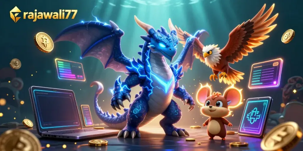 Permainan seru di rajawali77 dengan karakter naga petir, elang, dan tikus guruh.