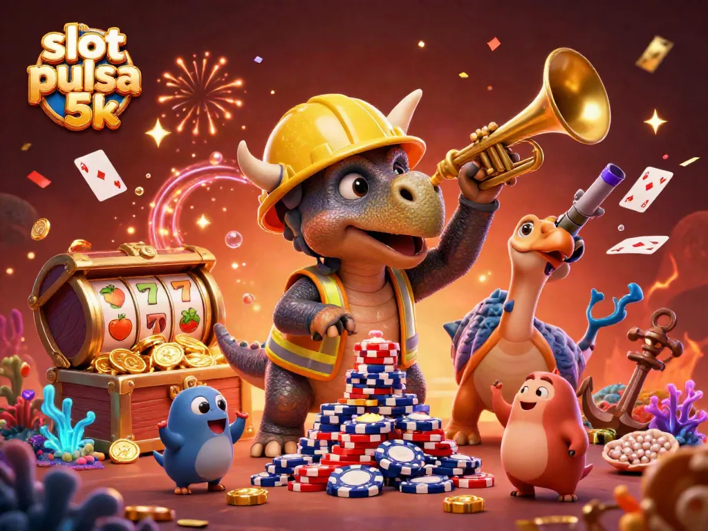 Engage in exciting slot gameplay with slot pulsa 5k, as lively 3D characters build poker chip pyramids.