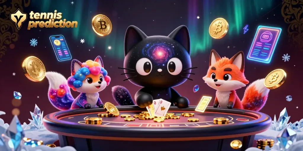Tennis prediction engaging with 3D cartoon characters at a cosmic casino table, winning chips and excitement