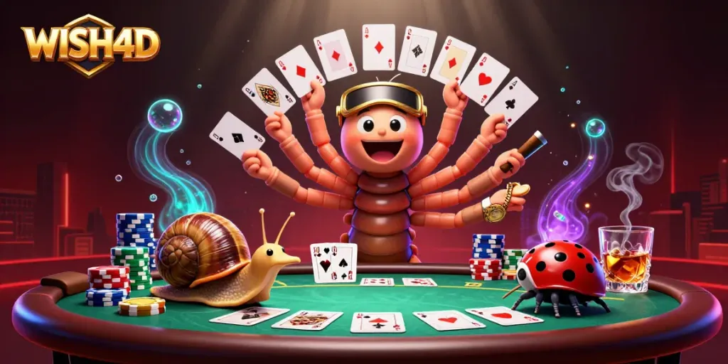 Experience the thrill of gambling with WISH4D featuring a whimsical cartoon dealer in a vibrant casino scene.