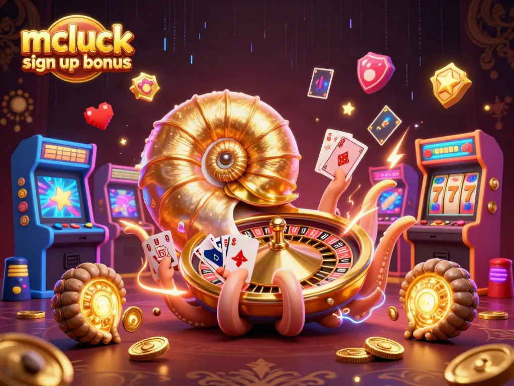Experience the mcluck sign up bonus with a vibrant 3D casino-themed illustration showcasing colorful games and excitement.