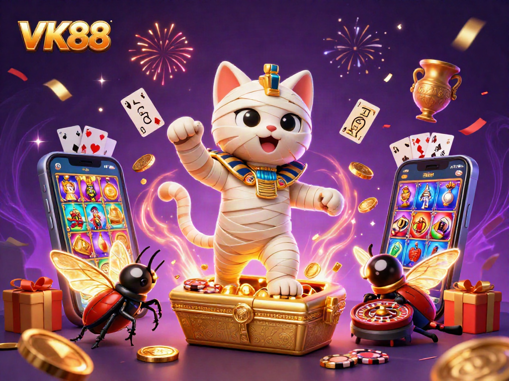 Engage in thrilling gameplay with VK88 at this vibrant casino scene featuring a mummy cat.