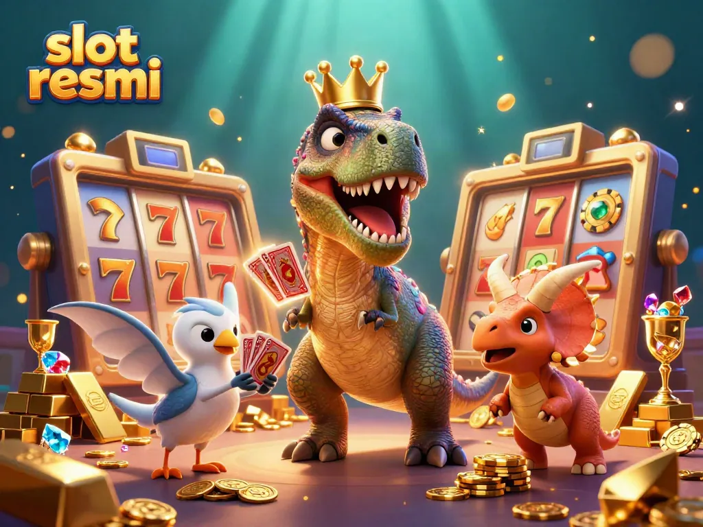 Engage with slot resmi scenes featuring cartoon dinosaurs playing casino games with gold and jewels.