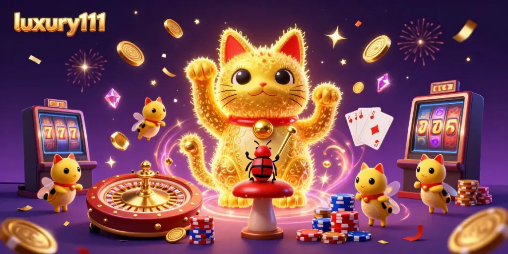Experience the thrill of luxury111 slots with vibrant visuals and a lucky cat theme featuring casino symbols.