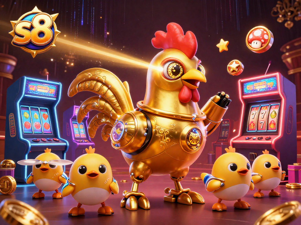 Engage with thrilling gaming action featuring s8's golden rooster robot amidst vibrant casino elements.