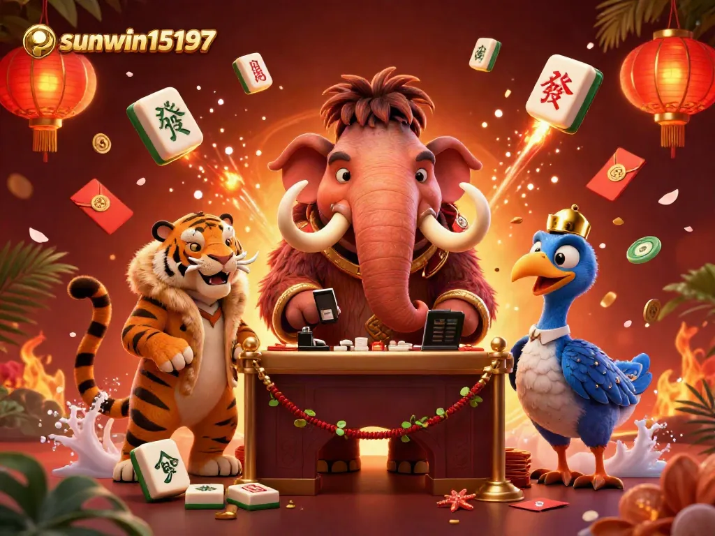 Experience the excitement of sunwin15197 with a vibrant 3D casino scene showcasing a woolly mammoth bouncer, a saber-tooth VIP, and a dodo doorman.