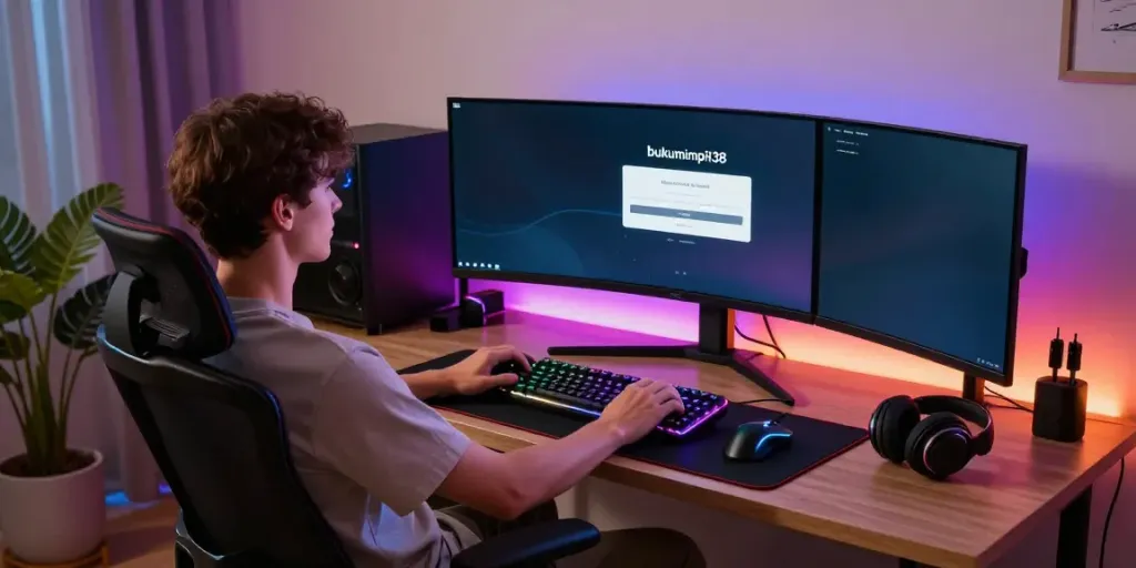 Gamer di rumah dengan bukumimpi138 login di layar monitor, setup modern dan nyaman.