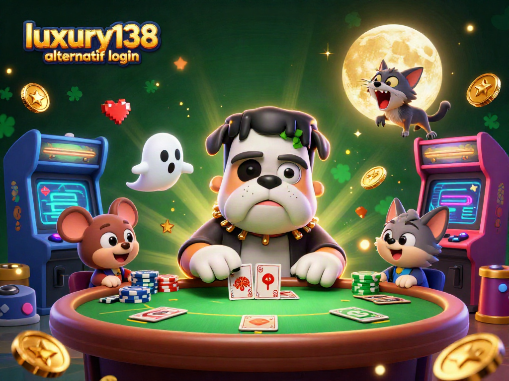 Gambarkan pengalaman bermain poker dengan luxury138 alternatif login dalam ilustrasi kasino yang memukau dan penuh warna.