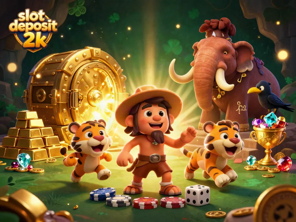 Experience the thrill of slot deposit 2k in a vibrant prehistoric casino scene with caveman and sabertooth tiger.