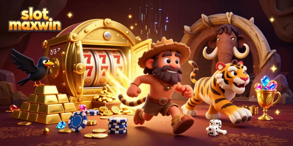 Experience thrilling gameplay with slot maxwin in a 3D cartoon prehistoric casino scene filled with treasure and excitement.